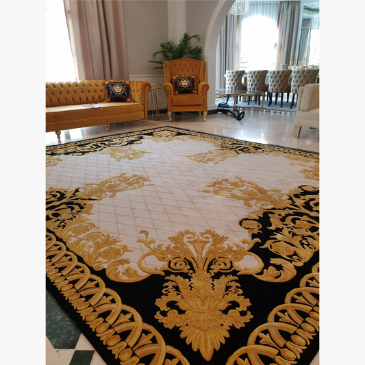 Luxury Hand Tufted New Zealand Wool & Bamboo Silk Rug – Black, Ivory & Gold Classical Design
