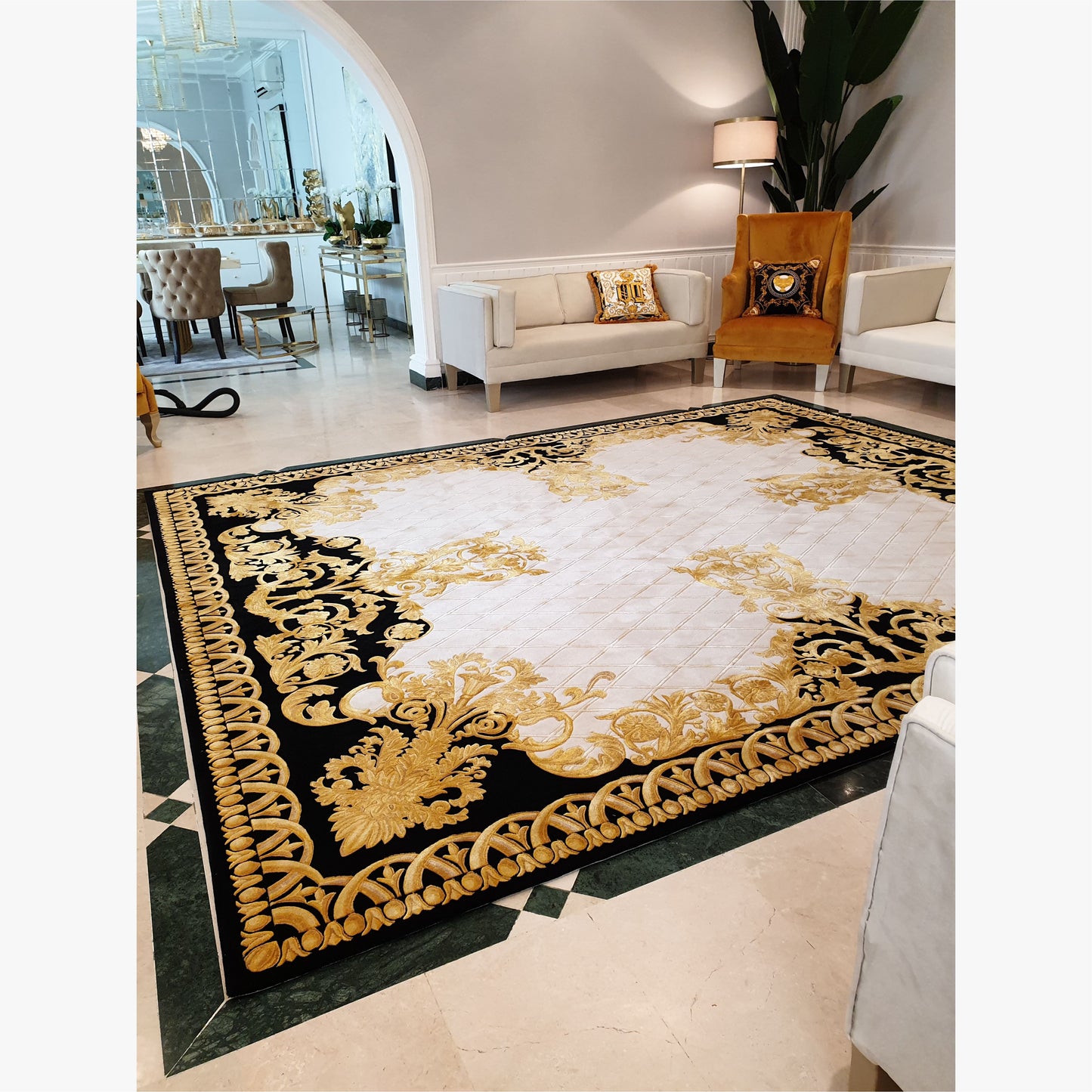 Luxury Hand Tufted New Zealand Wool & Bamboo Silk Rug – Black, Ivory & Gold Classical Design