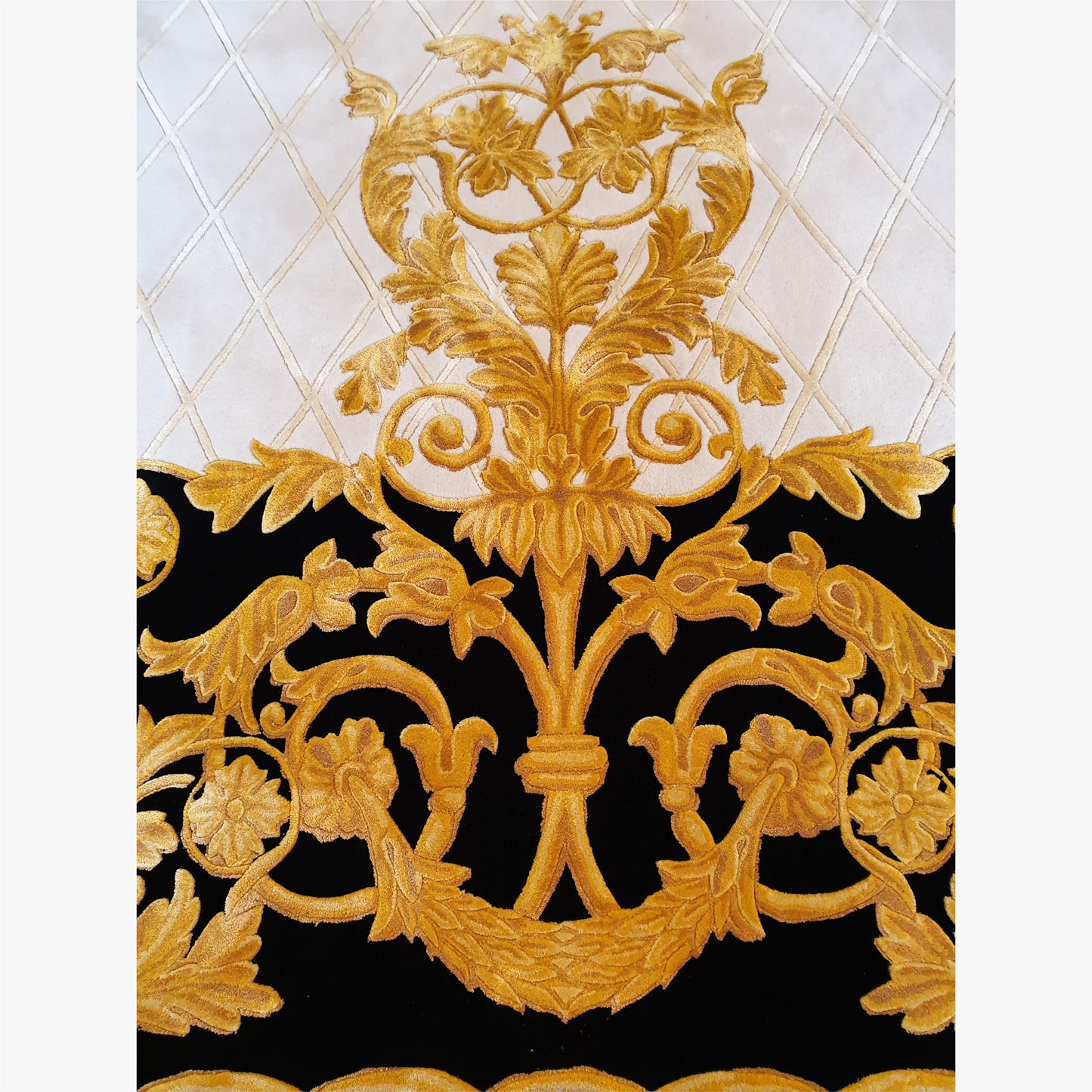 Luxury Hand Tufted New Zealand Wool & Bamboo Silk Rug – Black, Ivory & Gold Classical Design