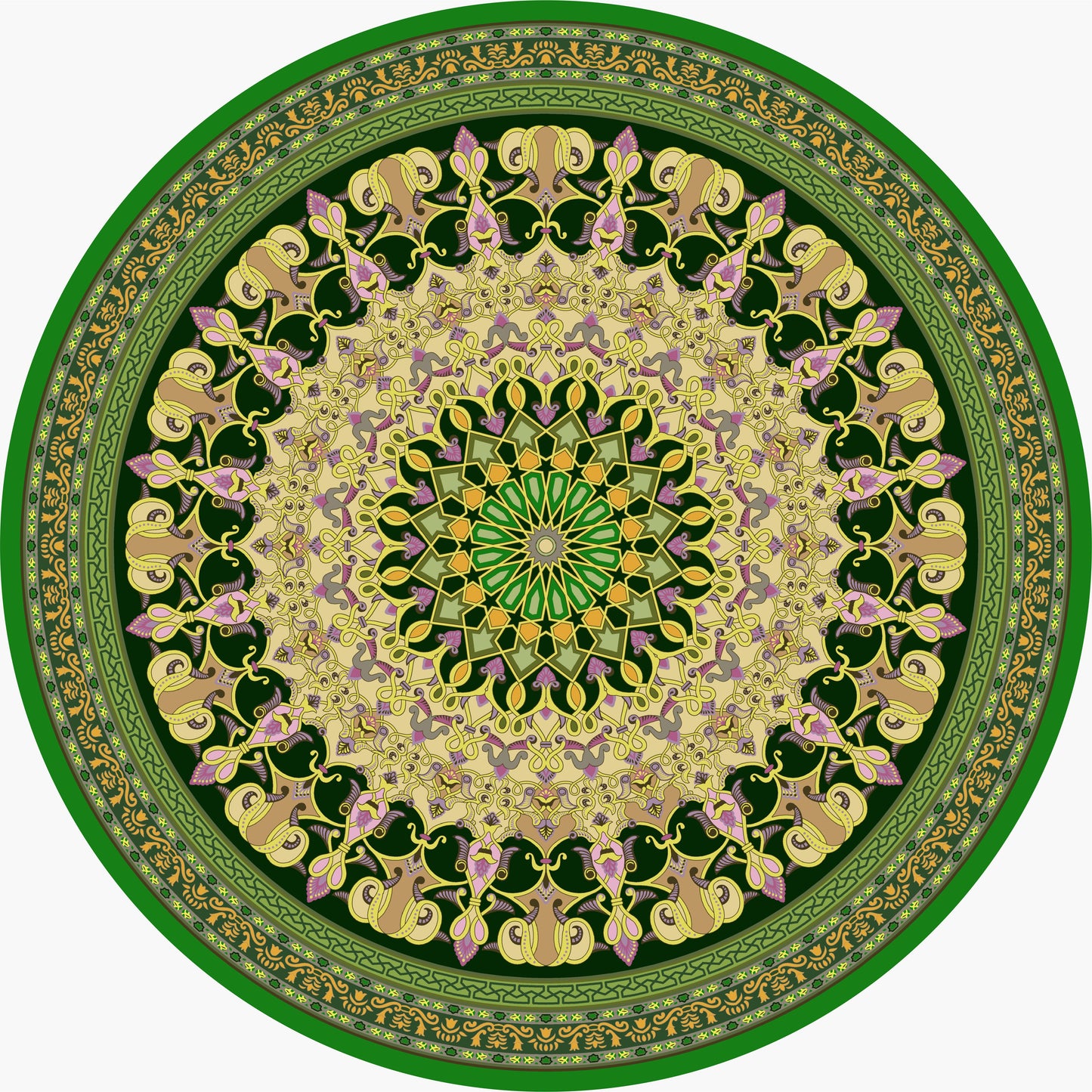 Luxury Hand Tufted New Zealand Wool Rug – Round Classical Green Design