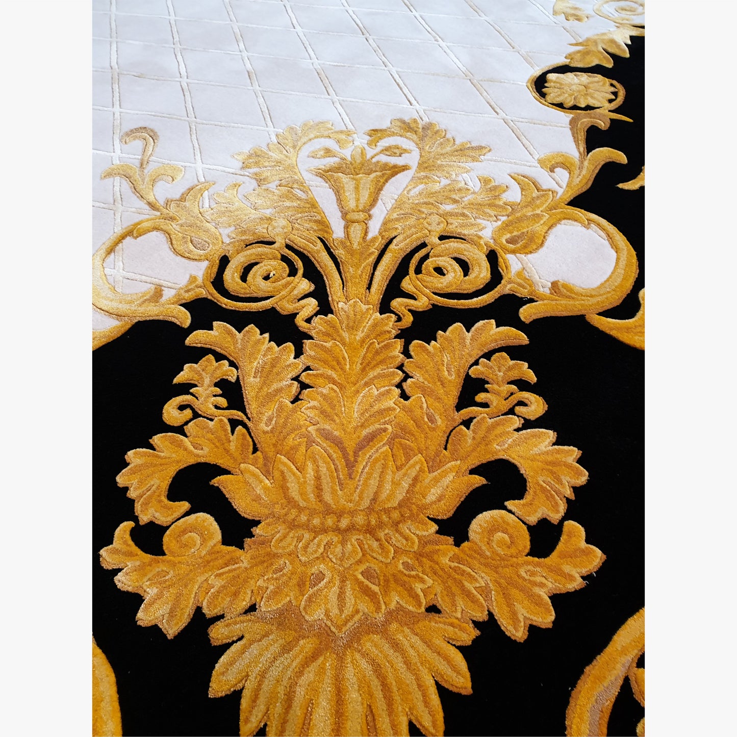 Luxury Hand Tufted New Zealand Wool & Bamboo Silk Rug – Black, Ivory & Gold Classical Design