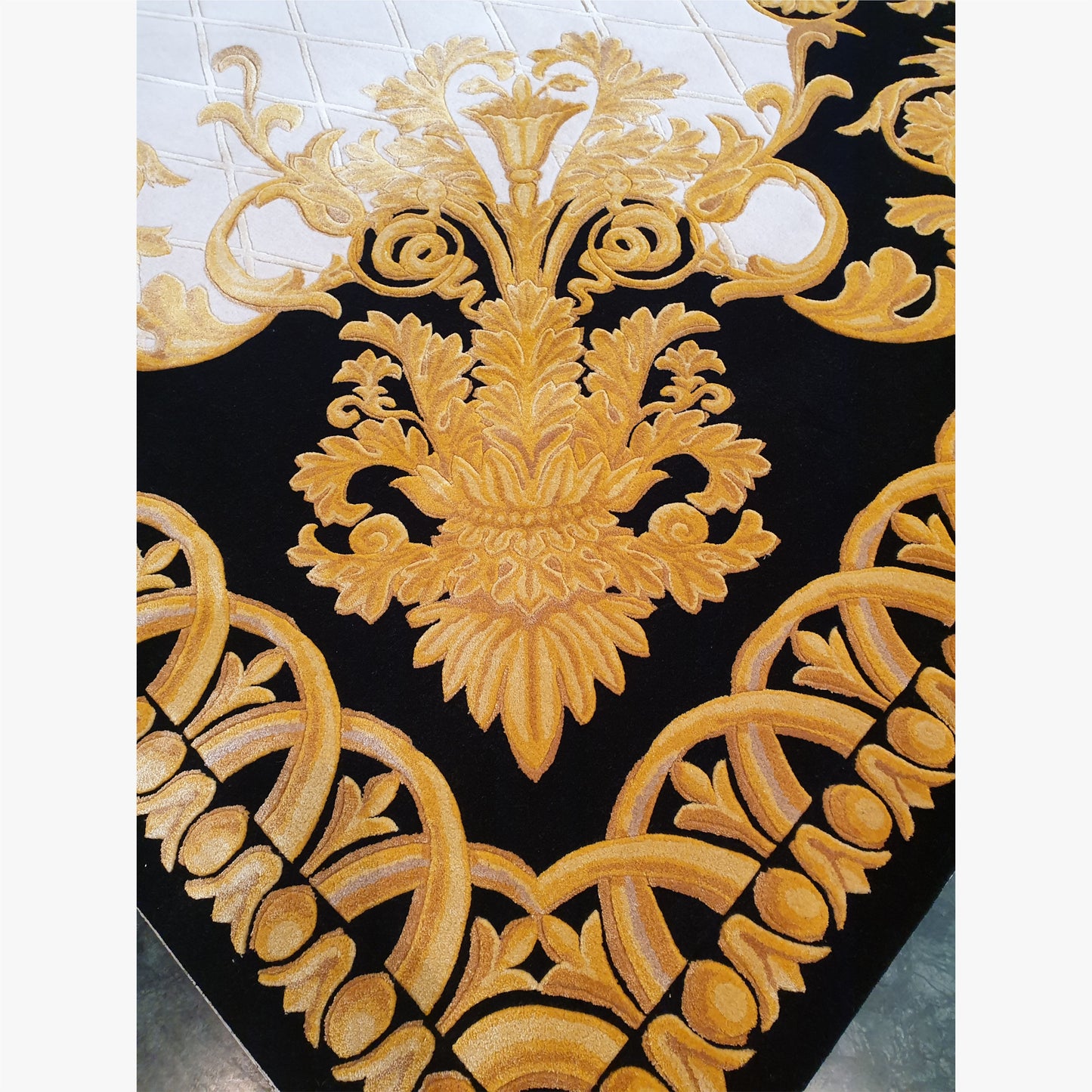 Luxury Hand Tufted New Zealand Wool & Bamboo Silk Rug – Black, Ivory & Gold Classical Design